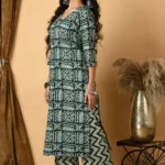 Dark Green Sanganeri Print Kurti Set For Women