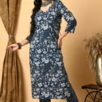 Blue Floral Sanganeri Print Kurta Set For Women