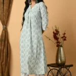 White Floral Sanganeri Print Neck Pleated Kurta Set