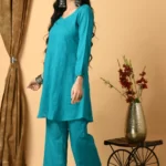 Teal Blue Cotton Slub Dyed Two Piece Set For Women