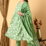 Fern Green Sanganeri Print Pleated Kurta Dupatta Set