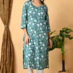 Teal Floral Handblock Long Kurti